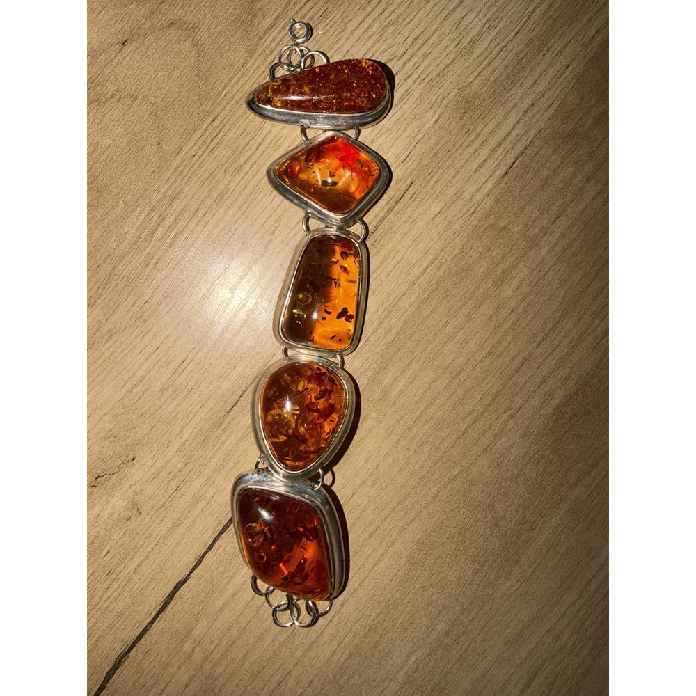 Woman's Silver Tone Bracelet with Genuine Amber Stones Chunky Large